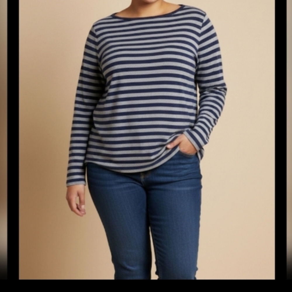 Jones New York Sport 1X Blue Gray Striped Cotton Wool Knit Sweater